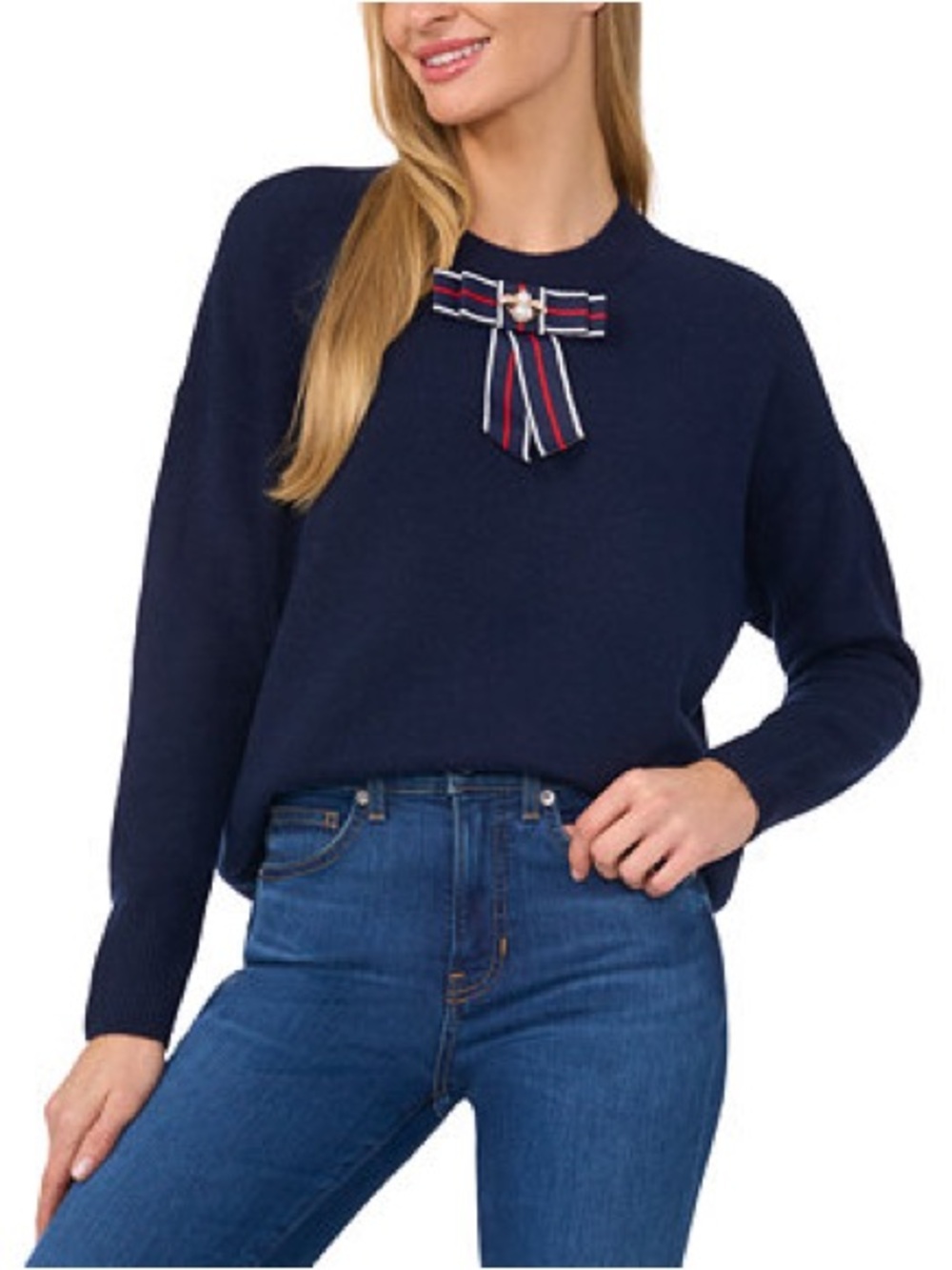 CeCe Navy Crewneck Sweater with Striped Bow Accent